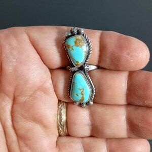 Native America Navajo Sterling Silver Turquoise Statement Ring 2 Stone By I. Kee